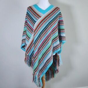 Striped Knit Fringe Poncho Boho Southwest Wrap Crochet Festival Hippie Artsy OS